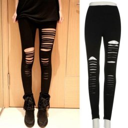 Legging Punk Sexy pour femmes pantalon extensible déchiré fendu noir