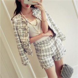Ensemble 2 pièces en tweed pour femme costume slim ensemble court à carreaux bordure à franges