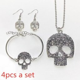 Ensemble de bijoux gothiques exquis collier bracelet boucles d'oreilles magnifique crâne 4