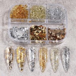 Paillettes autocollantes pour la décoration des ongles 6 grilles or argent feuille nail art