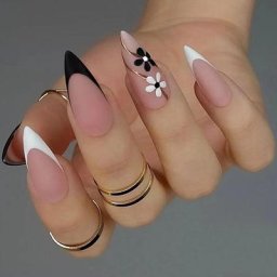 Faux ongles français noirs et blancs pour fille 24 pièces fleur portable couverture complète
