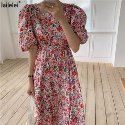 Robe longue à fleurs manches bouffantes col carré ligne a en coton style Boho grande taille