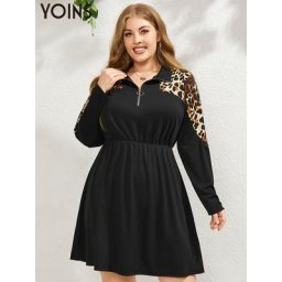 YOINS-Robe trapèze imprimée léopard pour femme manches longues fermeture éclair sur le devant