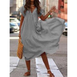 ZANZEA – Robe d'été bohème mi-longue pour femme col en V couleur unie à volants asymétrique