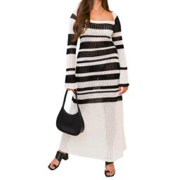BEAFNK-Robe Longue en Tricot à Rayures pour Femme Tenue Sexy à Manches sulf Ajourée Col Carré