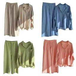 Ensembles de chemises à revers à manches longues pour femmes lin de coton décontracté pantalons à