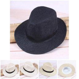 Chapeau de plage en paille de papier avec ruban noir unisexe décontracté à Large bord Jazz