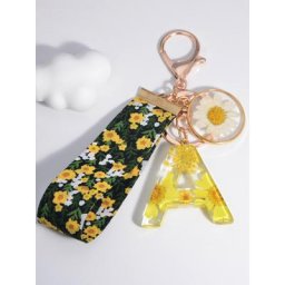 Porte-Clés en Résine avec Lettres de Chrysanthème Jaune Breloques Exquises Ornements de Sac