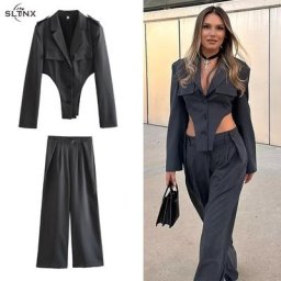 SLTNX TRAF-Blazer et Pantalon à Revers pour Femme Ensemble 2 Pièces Chic et Élégant Nouveau Style