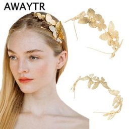 AWAYTR-Bandeaux de cheveux papillon rétro pour femmes métal doré cuir chevelu de mariage bandes