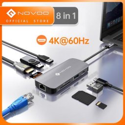 NOVOO – HUB 4K 60Hz USB-C 8-en-1 5Gbps USB 3.0 RJ45 PD 100W adaptateur de fentes SD/TF pour