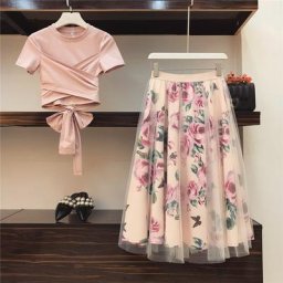 Ensemble 2 pièces jupe en maille et coton pour femmes motif Floral T-shirt irrégulier