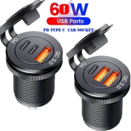 Adaptateur de Charge Rapide pour Voiture Camion Moto Montres Marine USB 3.0 60W Type-C 12V