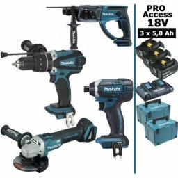 Makita - Pack Pro 18V 5Ah: Perceuse 91Nm DHP458 + Meuleuse 125mm DGA504 + Perforateur 2J DHR202 +