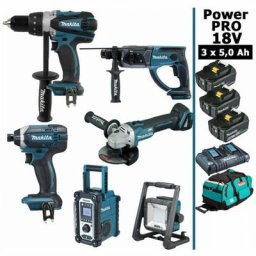 Makita - Pack Power pro 6 outils 18V: DDF458 + DTD152 + DGA504 + DHR202 + DMR108 + Projecteur + 3