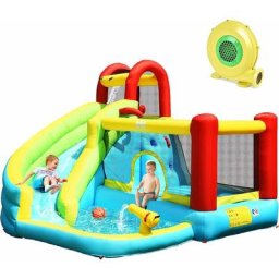 Château Gonflable pour Enfants 3-10 Ans avec Toboggan, Mur d'Escalade, Canon à Eau, Basketball,