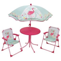 Set de Jardin Flamant Rose 4 Pièces 2 chaises Table et parasol