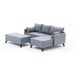 Canapé d'angle à droite convertible avec pouf Hermoso Tissu Bleu - Bleu