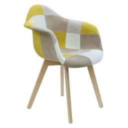 Fauteuil scandinave patchwork jaune gris pieds bois - Jaune - Jaune/gris