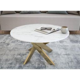 Table basse ronde design verre marbré et pieds dorés melissa - blanc