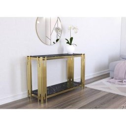 Console design en verre noir marbré et métal doré oriana - noir doré