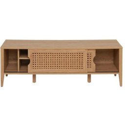 Calicosy - Meuble tv avec 2 Portes Coulissantes Décor Rotin - L138 cm Bois clair