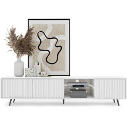 Selsey - Bello - Meuble tv led 175 cm blanc, façades à lamelles et pieds noirs
