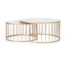 Table basse composée d'un pack de deux tables en fer doré vieilli et en marbre effet porcelaine