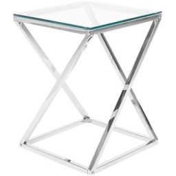 Table d'Appoint Carrée 40 cm avec Plateau en Verre et Cadre en Métal Argenté au Style Moderne et