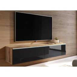 Deco In Paris - Meuble tv chêne vieilli et noir laqué avec led 2 portes malorie- 140 cm - bois noir
