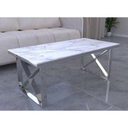 Table basse rectangulaire effet marbre blanc et pieds argentés isore - blanc argenté