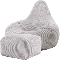 Pouf Fauteuil en Velours Côtelé Dalton et Repose-Pieds, Poufs de Salon pour Adultes. Gris - Gris