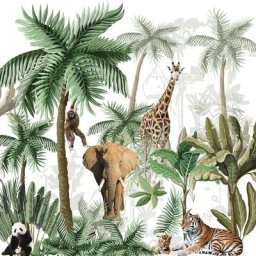 Papier peint panoramique intissé, photo des animaux de la jungle, dans une illustraion de la forêt