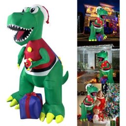Dinosaure de Noël led gonflable avec gilet boîte cadeau pour décoration de jardin 1.8m - Aufun