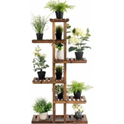 Etagere a Fleurs de Design Vertical en Bois avec 7 Tablettes, Support de Plantes Rustique avec 6