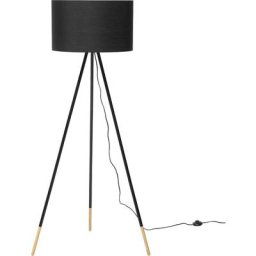 Lampadaire Design Trépied Noir en Métal Bois et Tissu avec Abat-jour Type Cylindre E27 Max 40W pour