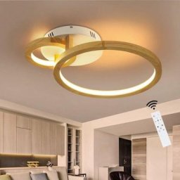 Plafonnier led Bois Dimmable Lampe de Salon 52cm Anneau Lampe de Chambre Lustre Moderne 37W
