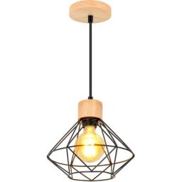 Lustre Industriel en Forme Diamant 22CM Lampe en Métal et Bois Luminaire E27 pour Chambre Loft