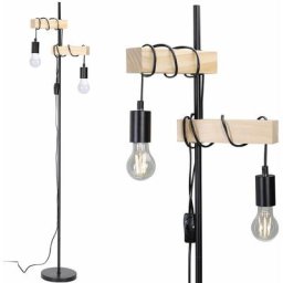Lampadaire Bois et Métal Lampadaire Moderne Industriel 2 Lumières E27