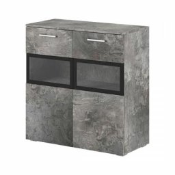 Buffet 90cm pour salon avec 2 portes vitrées et led intégrées couleur effet ardoise collection