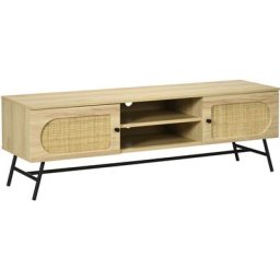Meuble tv banc tv 2 portes cannage rotin 2 niches piètement métal noir aspect chêne clair - Beige