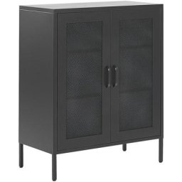 Buffet Moderne Industriel en Acier Noir avec 2 Portes transparentes et 3 Étagères Beliani Noir
