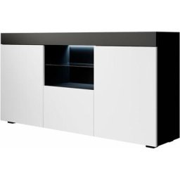 Buffet de salon bas 3 portes avec led bleue 135 x 72 x 34 cm Couleur Noir avec Blanc Finition Mat