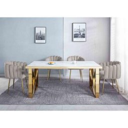 Table à manger rectangulaire effet marbre blanc et pieds dorés isore - blanc doré