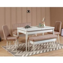 Set table extensible, 2 chaises, banc et banquette Malva Bois Blanc et Tissu Beige - Beige