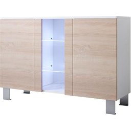 Buffet de salon bas 3 portes 2 étagères vitrine avec led 120 x 82 x 40 cm Couleur Blanc Finition