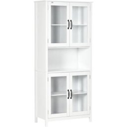 Buffet haut 4 portes vitrées 2 étagères grande niche centrale mdf blanc - Blanc