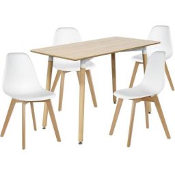Bathrins - Set Table à manger Chêne + Pack de 4 Chaises Scandinaves Blanc.