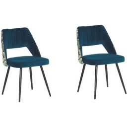 Lot de 2 Chaises de Salle à Manger en Velours Bleu avec Pieds Obliques en Acier Noir Style Glamour