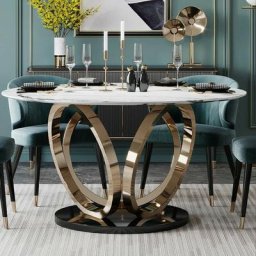 Table à Manger Rond Céramique Effet Marbre Blanc Pied Couleur Or Alliance, Métal Finition Couleur